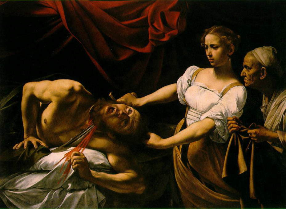 カラヴァッジオ　「ホロフェルネスの首を斬るユディト」　1598　Oil on canvas、145x195cm　　ローマ国立美術館（パラッツォ・バルベリーニ）